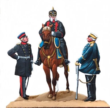 Kaiser Wilhelm I., Bismarck, Moltke; Figurengruppe 100 mm, Bemalung F.-M. Glöß, Deutschland.