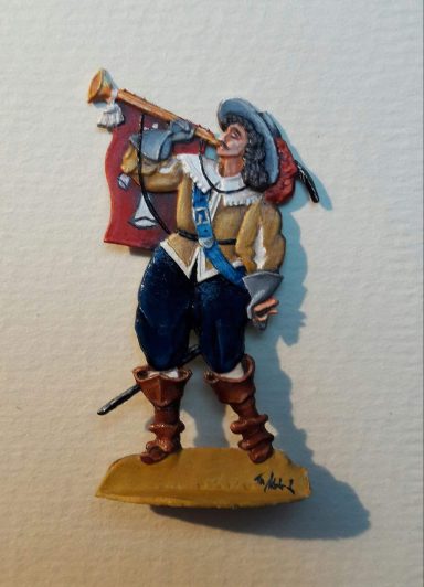 Trompeter eines Quartier-Fähnleins Stralsunds 1628 beim Hohnblasen auf Wallenstein, 54 mm Trompeter eines Quartier-Fähnleins Stralsunds 1628 beim Hohnblasen auf Wallenstein, 54 mm Zinnfigur.